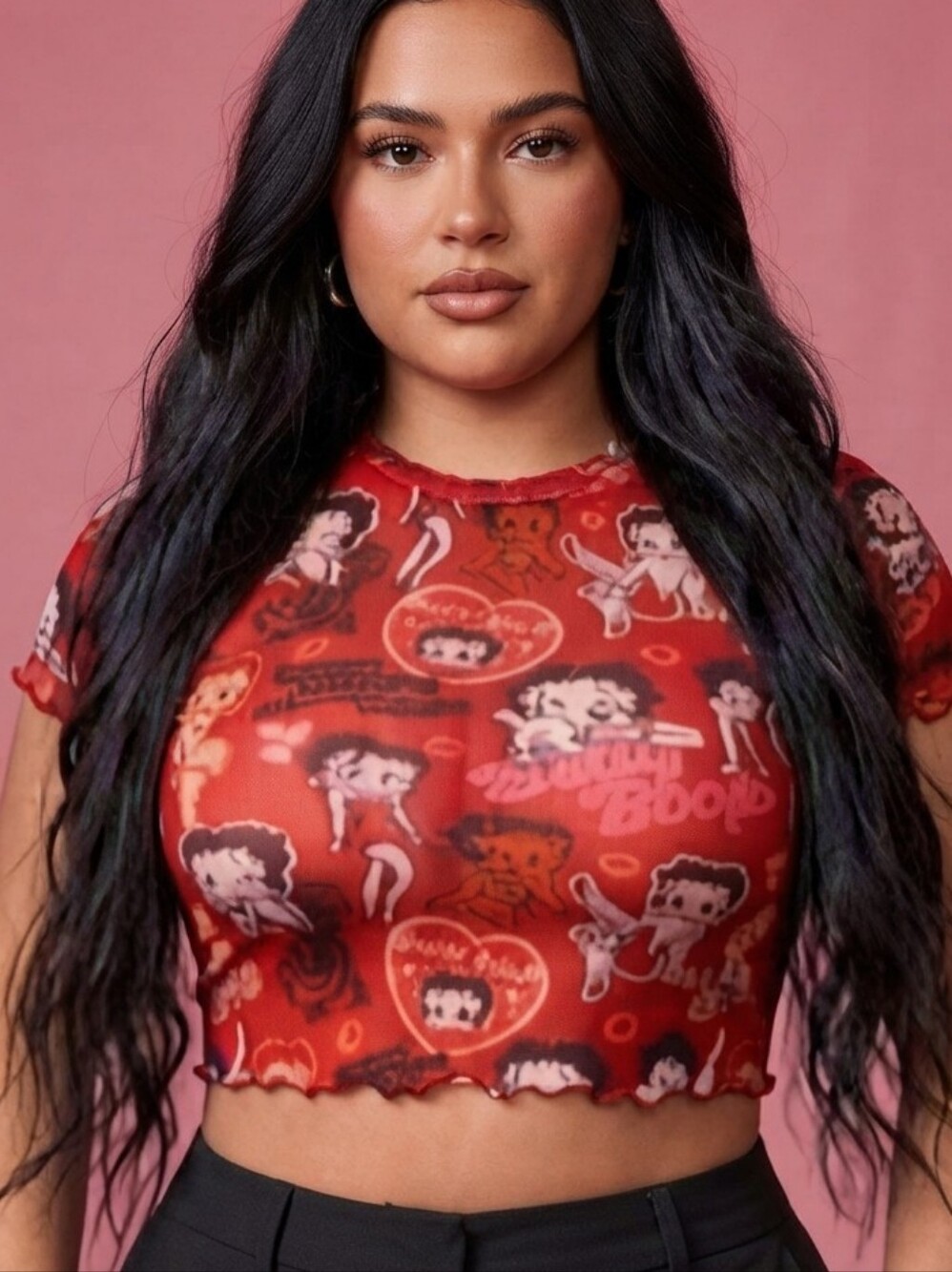 BETTY BOOP Red Sheer Mesh Graphic Crop Top Y2K Grunge Retro